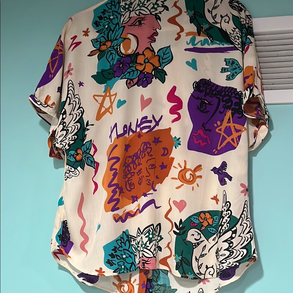 Women’s‎ top Sunburst kiss top women’s XL button up Graphic Print women’s  Shirt - Picture 9 of 13